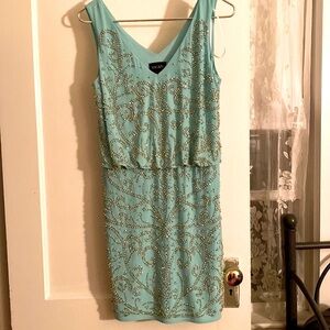 Sleeveless V neck beaded blouson mini Cocktail Party Dress silver rhinestones